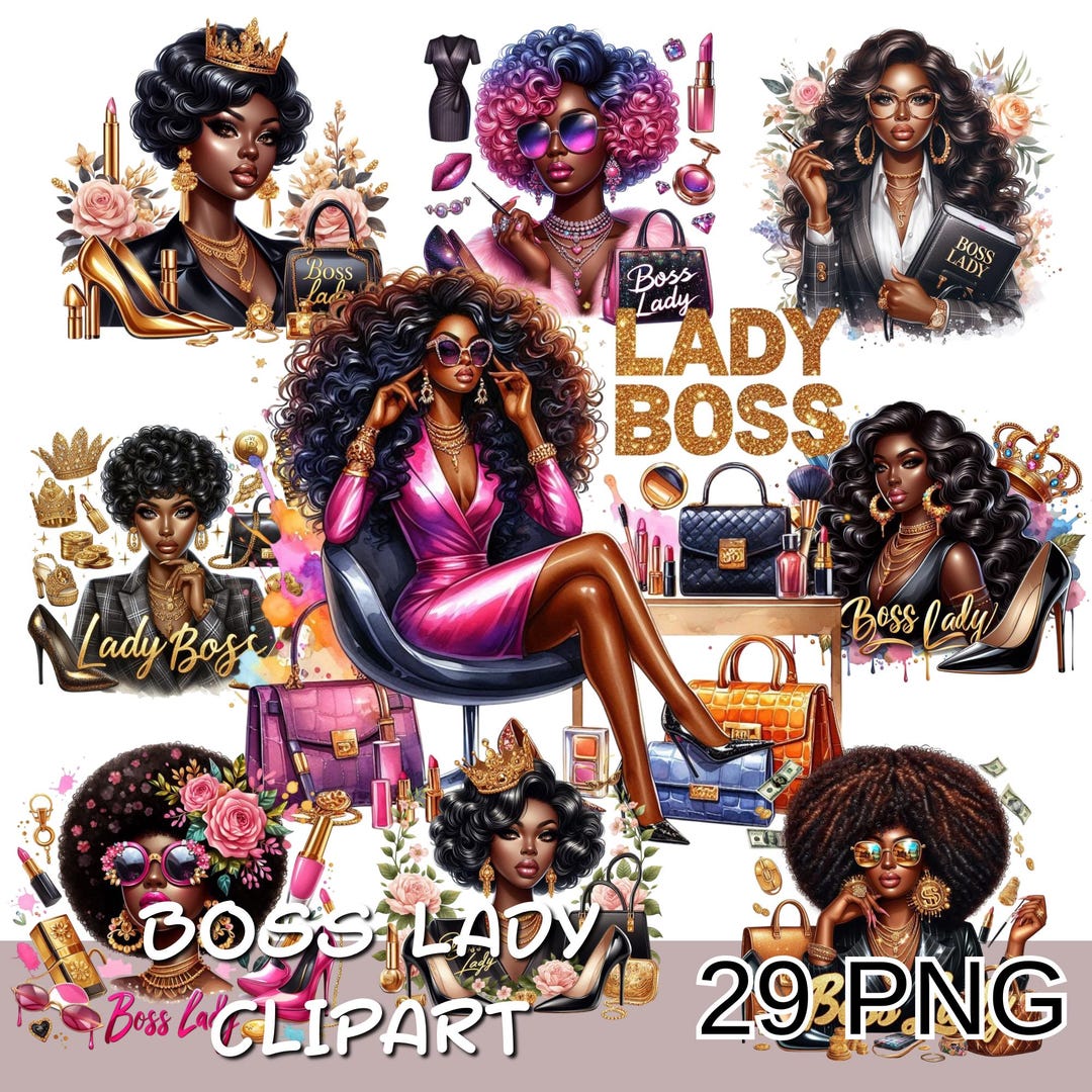 Boss Lady Clipart PNG Bundle, Black Woman Fashion Illustration, Afro ...