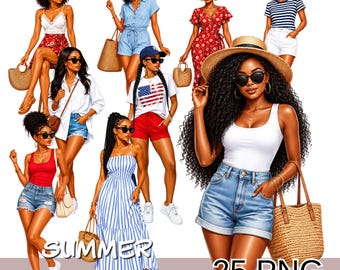 Summer Black Girl Clipart Png Set, African American Woman Clipart, Melanin Fashion Girl Png,