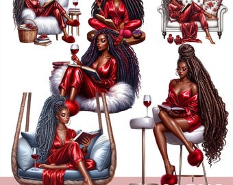 Cozy Book Lover Black Woman Clipart, Afro Girl Wine Lovers Png, Relaxing Woman Clipart, Comfy Reading Png, Bookish Girl Clipart.