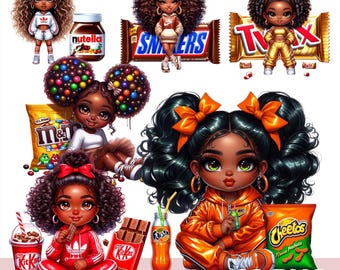 Afro Chibi Doll Clipart Bundle, Cute Black Girl Png, Candy Snack Doll Art, Sweets Black Chibi, Sweet Chocolate Snack Illustration Png.