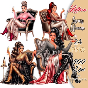 PNG di donna latina di lusso, ragazza latina su sedia, clipart di donna ispanica glamour, adesivi per ragazze latine, clipart di ragazza latina glamour.
