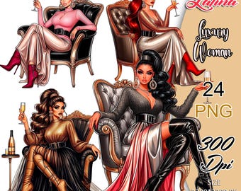Latynoska luksusowa kobieta PNG, Latynoska dziewczyna na krześle, Klipart - urocza latynoska kobieta, naklejki z latynoskimi dziewczynami, Klipart - latynoska dziewczyna glamour.