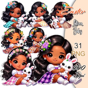 May include: A set of 31 digital illustrations of Easter-themed Latina baby girls with bunny rabbits. The girls are wearing colorful dresses and have flowers in their hair. The images are 300 DPI and in PNG format.