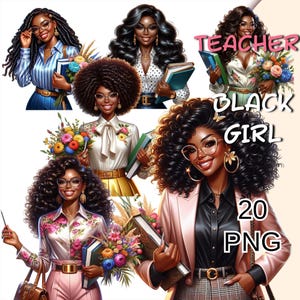 Op de afbeelding: Digitale illustraties van zwarte vrouwen in verschillende outfits, met boeken en bloemen. De afbeeldingen bevatten de tekst "Teacher Black Girl 20 PNG". De vrouwen dragen brillen en lachen, met verschillende kapsels en kledingstijlen.