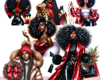 Christmas Black Woman Clipart, Afro American Woman PNG Bundle, Stylish Holiday Fashion Girls, Winter Afro Lady Illustrations, 31 PNG Files.