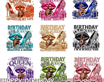 Birthday Queen Png Bundle, Glam Birthday Lips Clipart, Black Woman Birthday Design, Glitter High Heel Png, 30 PNG Files