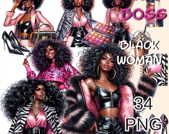 May include: Digital art featuring illustrations of stylish Black women in various outfits, including a pink blazer, zebra-print coat, and leather shorts. Accessories include high heels, handbags, and makeup. The text "LADY BOSS" and "BLACK WOMAN" are also visible.