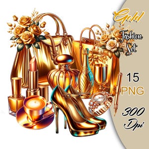 Ensemble de cliparts mode or, Stickers mode luxe, Clipart accessoires de mode, Stickers numériques Or Planner, Clipart planner glamour.