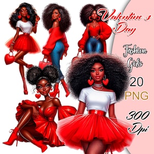 Valentines Day Girl Clipart, Valentines Day Afro Png, Love Black Girl Clipart, 20 PNG; Valentines Day Stickers, Valentines Planner Clipart.