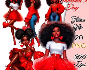 Valentines Day Girl Clipart, Valentines Day Afro Png, Love Black Girl Clipart, 20 PNG; Valentines Day Stickers, Valentines Planner Clipart.