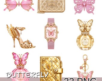 Luxury Butterfly Clipart Png Set, Pink Gold Glam Clipart Set, Butterfly Fashion Accessories Png, Girly Png Fashion Set.