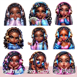 Può includere: Una collezione di nove illustrazioni digitali con personaggi Afro Chibi con varie espressioni. Ogni personaggio indossa cuffie e una felpa con cappuccio. Il testo "EMOTES AFRO CHIBI 24 PNG" è in basso nell'immagine.