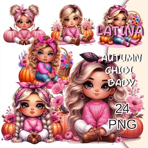 Cute Autumn Latina Chibi Baby Girl Png, Cozy Fall Chibi Girl Clipart, Pink Autumn  Latina Girl, Chibi Girl Png, Latina Princess Clipart.