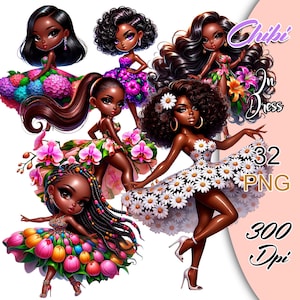 Chibi Black Doll Clipart, Fashion Chibi Clipart, Spring Chibi Png, Chibi in Dress Clipart, Afro Chibi Floral Stickers, Cute Girl Clipart