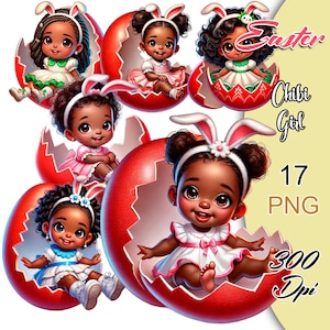 Może przedstawiać: Pięć cyfrowych ilustracji czarnych dziewczynek ubranych w stroje wielkanocne, każda siedząca w środku pękniętego jajka wielkanocnego. Tekst "Easter Chibi Girl 17 PNG 300 Dpi" znajduje się w tle.