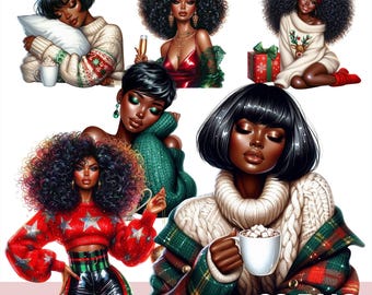 Christmas Afro Girl Clipart Bundle, 23 Png Black Woman Holiday Clipart, Cozy Winter Fashion Girl Png, Festive African American Woman Art.