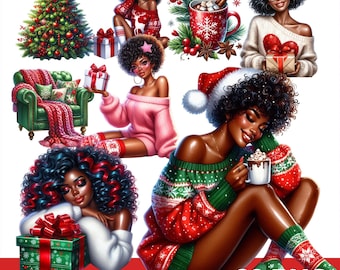 Black Woman Cozy Christmas Clipart Bundle, Christmas Afro Girl Png, Xmas Young Woman, Black Girl Clip Art Bundle, Christmas Girl Clipart Png