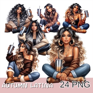 Latina Girl Clipart, Cozy Fall Latina Png, Autumn Woman Png, Chicana Clipart, Hispanic Girl Clipart, Chicana Chila Png, Fashion Latina Woman