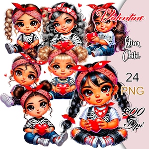 Valentine Latina Chibi Clipart, Valentine Latina Baby Girl, Hispanic Valentine Cute Doll, 24 Png, Love Chibi Latina, Cute Girl Stickers.