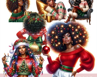 Christmas Afro Girl Clipart Bundle, Black Woman Holiday Png, African American Christmas Woman Illustrations, 34 Png Files, Frstive Afro Girl