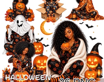 Halloween Pajama Girl Clipart Bundle Png, Cozy Pumpkin Pajamas, Fall Autumn Halloween Watercolor Clipart, Cute Black Woman Png.