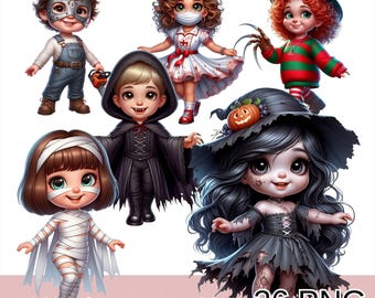 Cute Halloween Chibi  Children Clipart Bundle, Spooky Kids Png, Chibi Trick or Treat Children, Halloween Costume Kids Clipart.