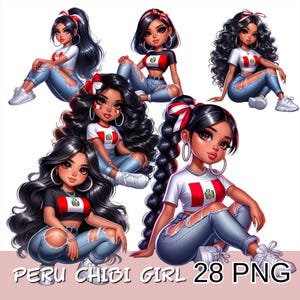 Latina Chibi Girl Clipart, Peru Chibi Doll Png, Hispanic Girl Clipart, Chicana Chibi Girl, Peruan Chibi Png, Proud Latina Clipart.