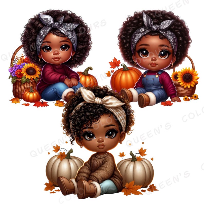 Cozy Fall Black Chibi Baby Clipart, Autumn Chibi Baby Png, Cute Chibi ...