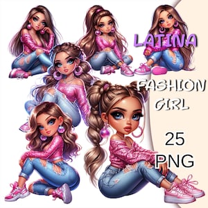 Chibi Cute Latina Girl, Chicana Chibi Woman Png, Latina Girl Png, Chibi Pink Clipart, Hispanic Gorgeous Dolls, Chibi Dolls Png, Cute Girl.