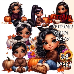 Autumn Latina Baby Girl Png Bundle, Cozy Fall Latina Girl, Cute Hispanic Baby Girl Png, Latina Princess Clipart, Chibi Girl Png, Autumn  Png