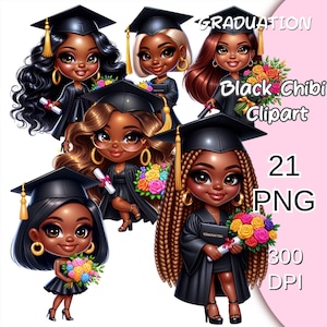 Graduation Afro Chibi Clipart, Black Chibi Graduate Png, Cute Graduation Doll Clipart, Graduate Chibi Clipart, Senior Black Chibi Png.