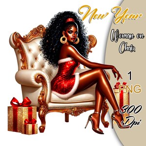Clipart donna nera di Capodanno, ragazza della festa di Capodanno, 1PNG, donna sulla sedia PNG, ragazza afro di lusso, donna nera di Natale, afro glamour PNG