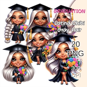 Blonde Chibi Latina Graduating Clipart, Gray Haired Chibi Doll Png, Hispanic Graduation Clipart, Chibi Latina Senior Clipart.