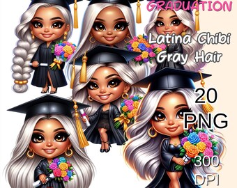 Blonde Chibi Latina Graduating Clipart, Gray Haired Chibi Doll Png, Hispanic Graduation Clipart, Chibi Latina Senior Clipart.
