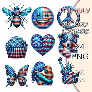 Disegni PNG di diamanti per il 4 luglio, 24 clipart di diamanti USA, adesivi digitali patriottici americani, arte con pietre preziose, clipart del 4 luglio, clipart USA.