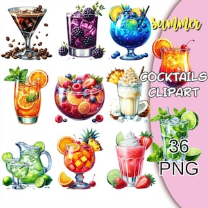 36 Png Cocktail Clipart, Summer Cocktails Watercolor Png, Bar Menu, Champagne Clipart, Cocktail Png, Alcohol Cocktail Png, Soft Drinks Png.