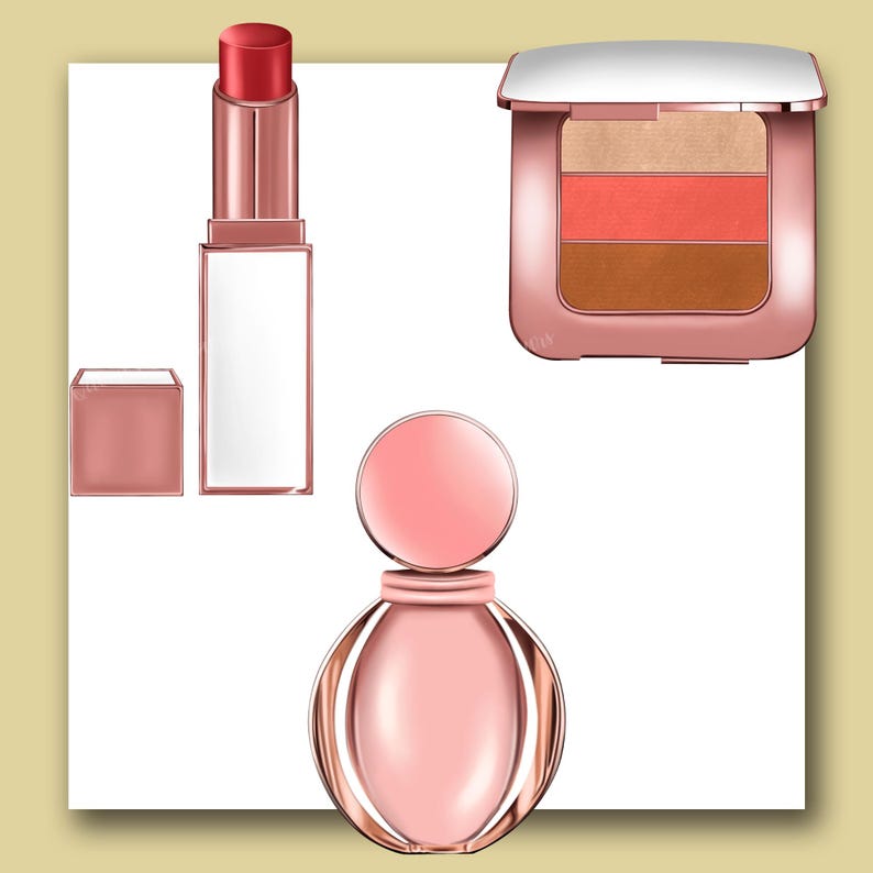 Op de afbeelding: Een set van drie roze en ros&eacute;gouden make-upproducten: een lippenstift, een blush en een compact met drie tinten blush.