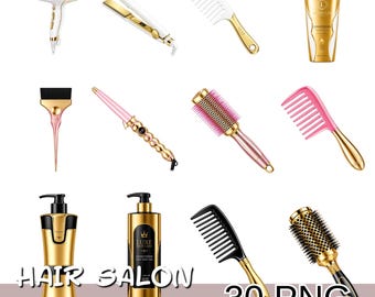 Hair Stylist Clipart Png Bundle, Hair Salon Tools Clipart, Salon Hair Supplies Png, Hair Accessories Png.