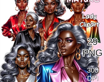 Mature Lady Clipart Set, Gray Hair Woman Png, Afro Mature Lady Clipart, Black African Old Lady Clipart, Fashion Lady Png, Lady Clipart.