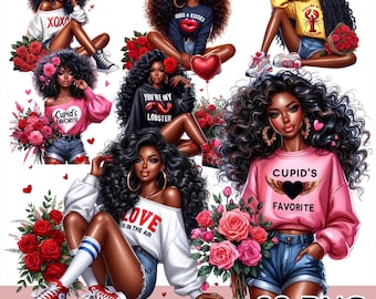 Black Girl Romantic Valentines Day Png Clipart, Love Afro Woman Clipart Bundle, Valentines Quotes Girl Clipart, Melanin Valentine Png.