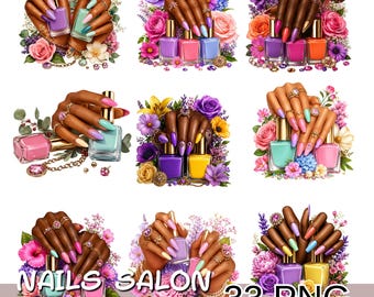Nail Salon Clipart Bundle PNG, Black Woman Nails Png, African American Hands Clipart, Floral Nail Polish Png.
