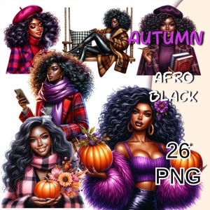 Cozy Fall Watercolor Black Woman Clipart, Autumn Afro Girl Png, Black Queen Png, Fall Fashion Woman, Afro Planner Girl, Lady Boss Clipart.