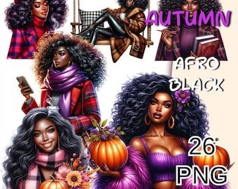 Cozy Fall Watercolor Black Woman Clipart, Autumn Afro Girl Png, Black Queen Png, Fall Fashion Woman, Afro Planner Girl, Lady Boss Clipart.