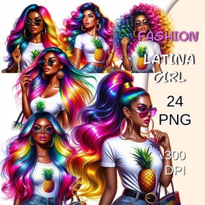 24 Latina Rainbow Hairstyles Clipart Bundle, Gorgeous Latina Png, Chicana Clipart, Latina Girl Png, Chicana Chola Png, Hispanic Girl Clipart