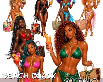 Beach Black Girl Png Bundle, Melanin Bikini Clipart, Summer Vacation Afro Woman Png, Tropical Digital Download.