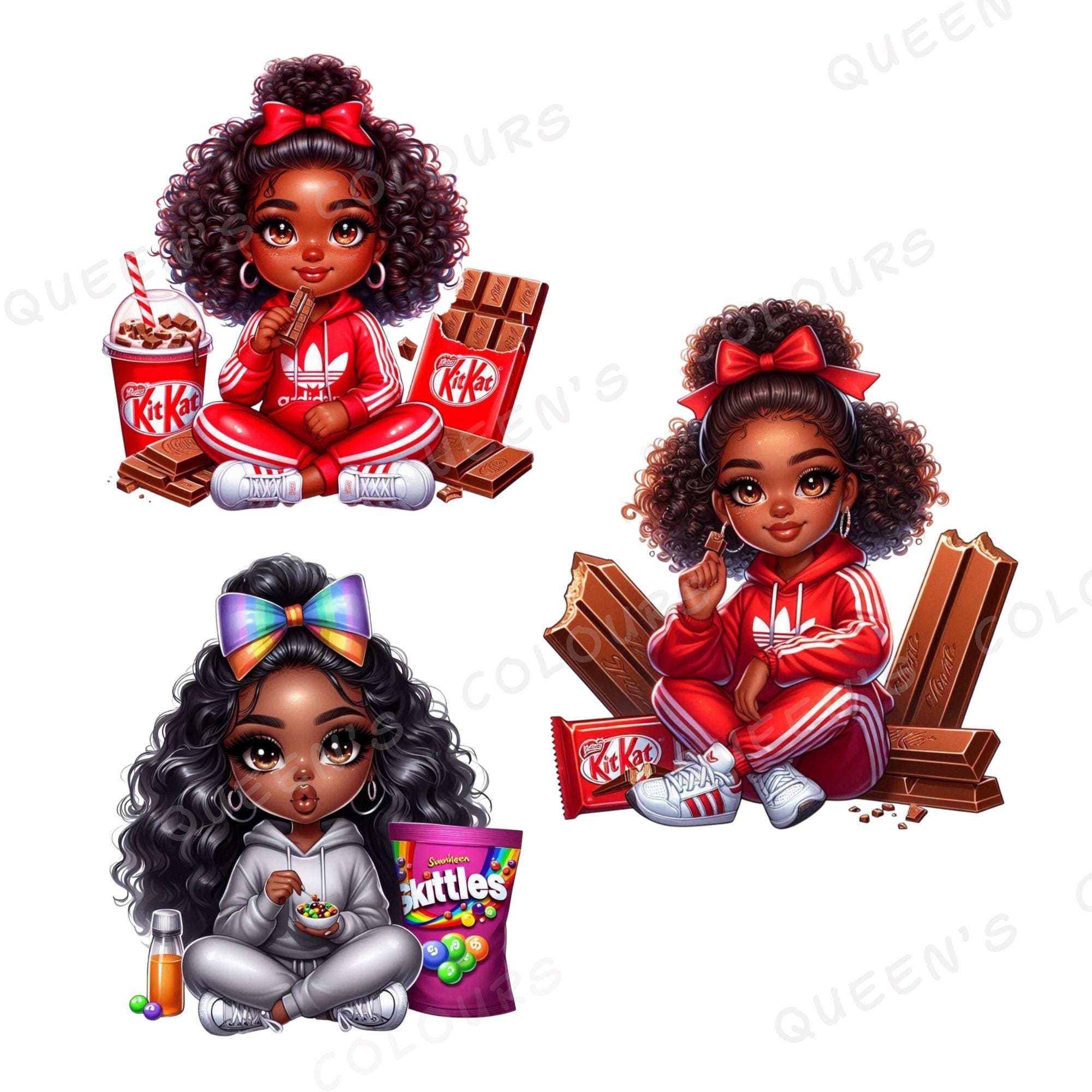 Afro Chibi Doll Clipart Bundle, Cute Black Girl Png, Candy Snack Doll ...