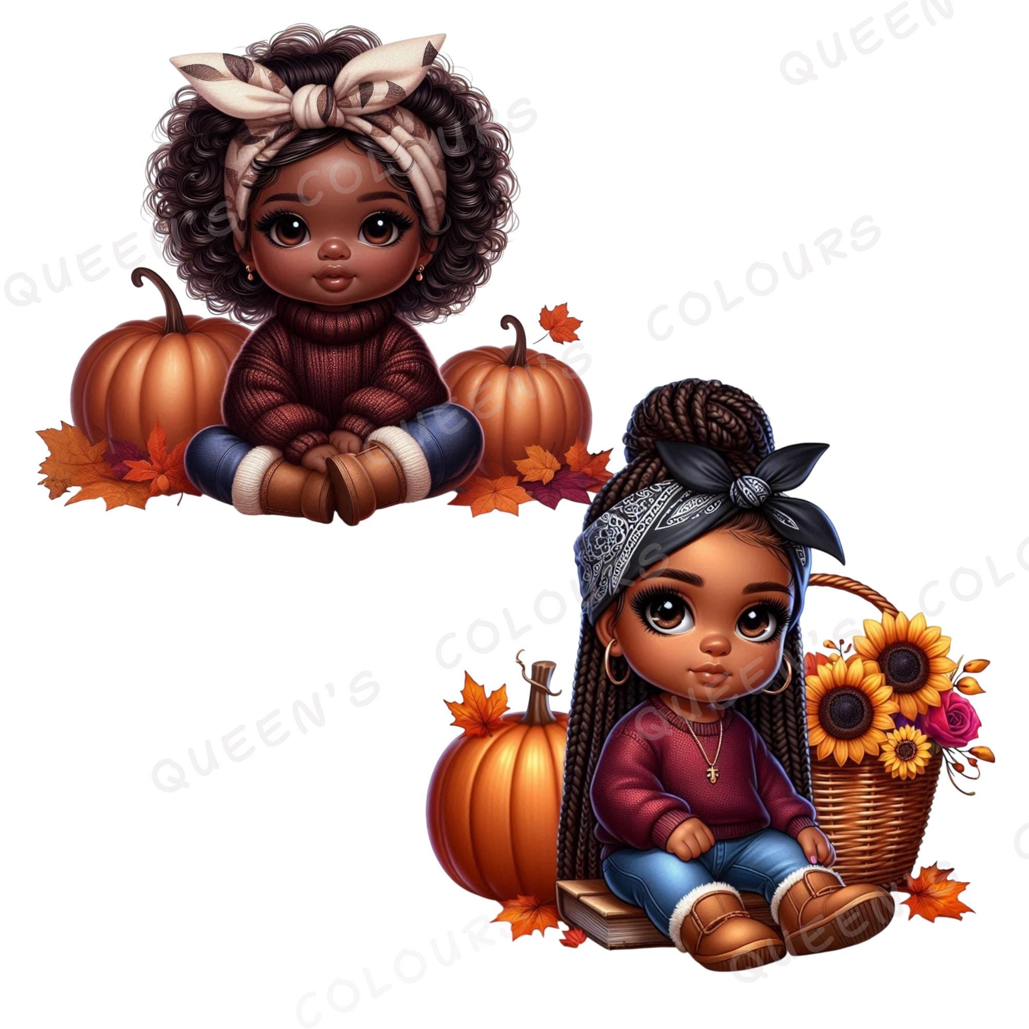 Cozy Fall Black Chibi Baby Clipart, Autumn Chibi Baby Png, Cute Chibi ...