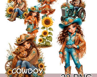 Cowboy Little Girl Png Bundle, Western Cowgirl Clipart, Sunflower Farm Girl Png, Western Farm Girl Png.