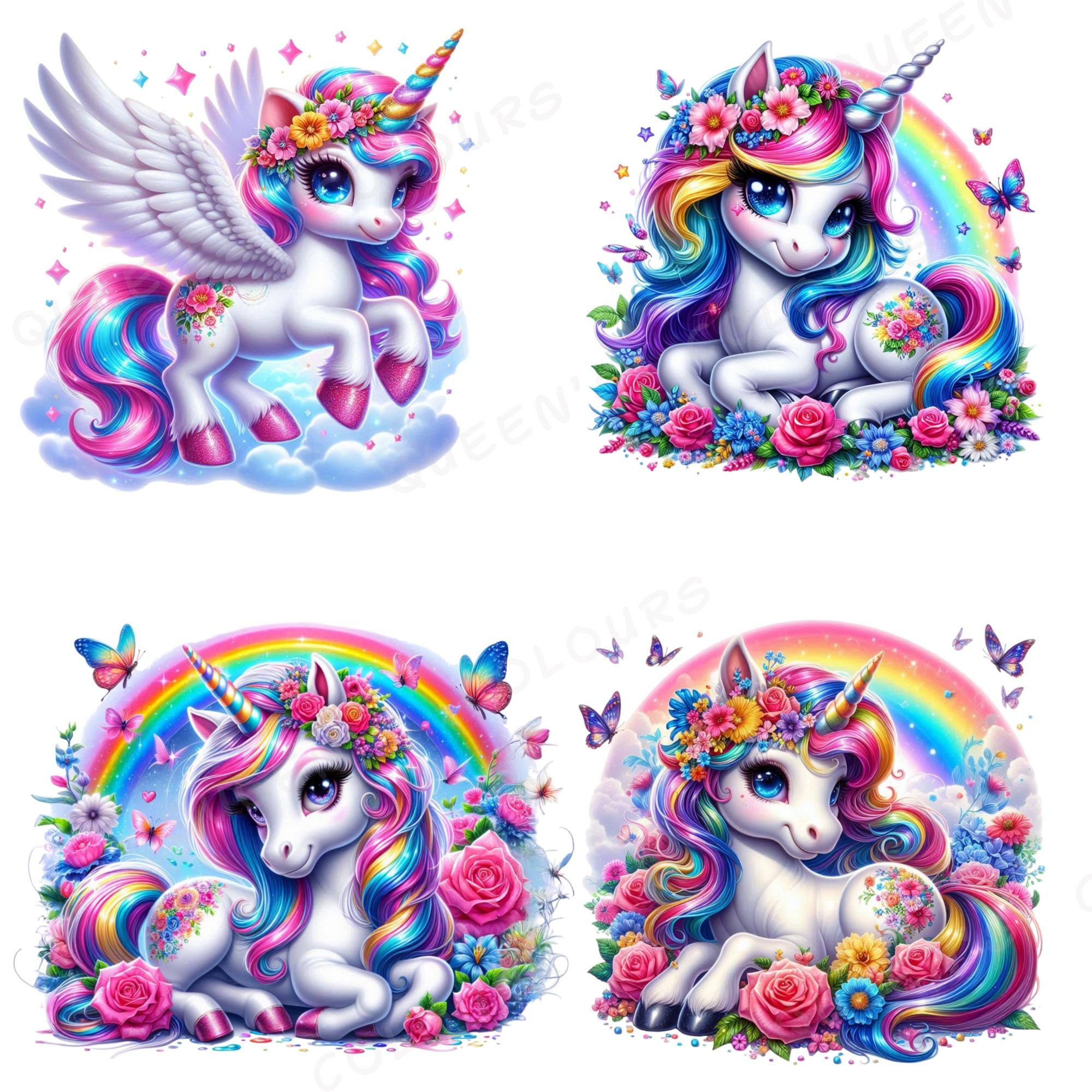 Cute Watercolor Baby Unicorn Clipart Bundle, 23 Png Rainbow Floral ...
