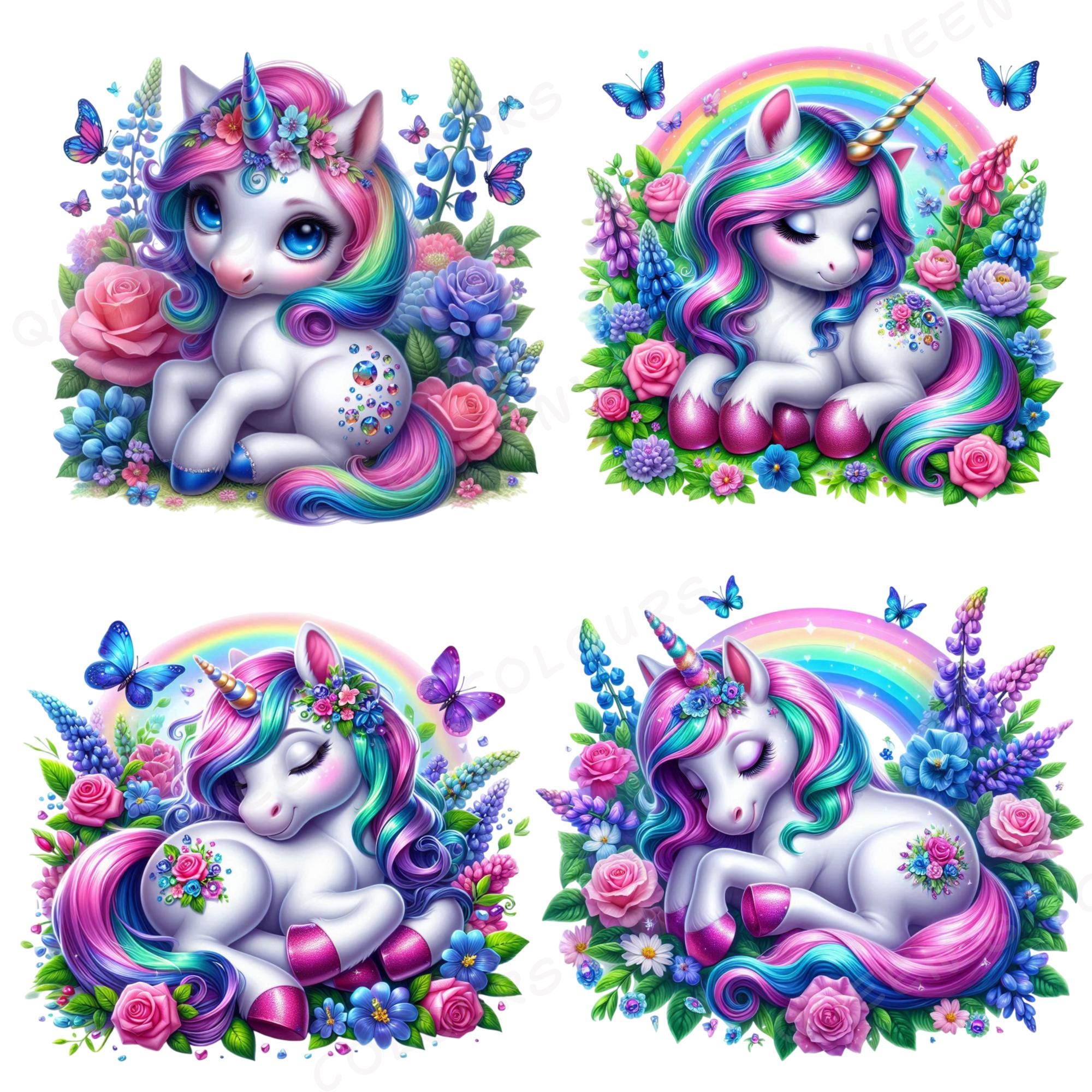 Cute Watercolor Baby Unicorn Clipart Bundle, 23 Png Rainbow Floral ...